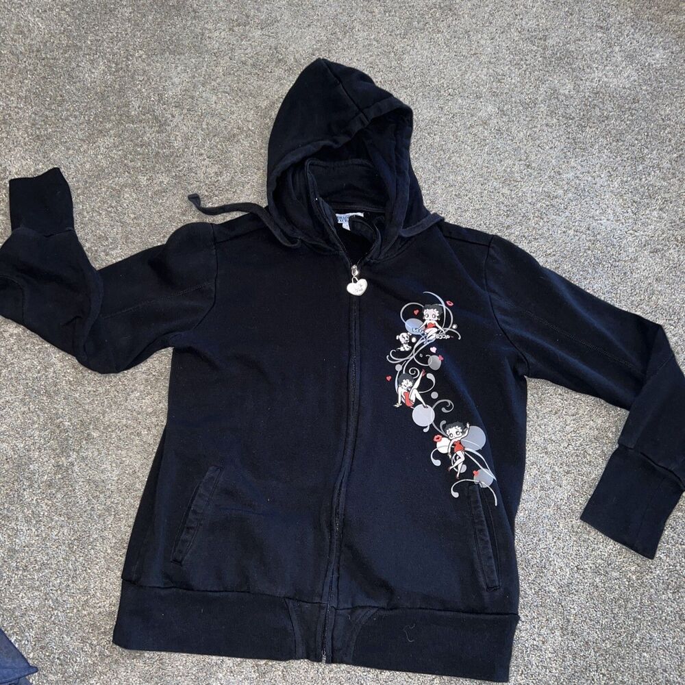 Betty Boop Boop Oop A Doop Black Hooded Sweatshirt Full Zip Zip Logo Size L